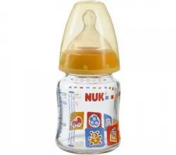 Bình sữa Nuk 120ml (cổ rộng, thủy tinh, núm silicone)